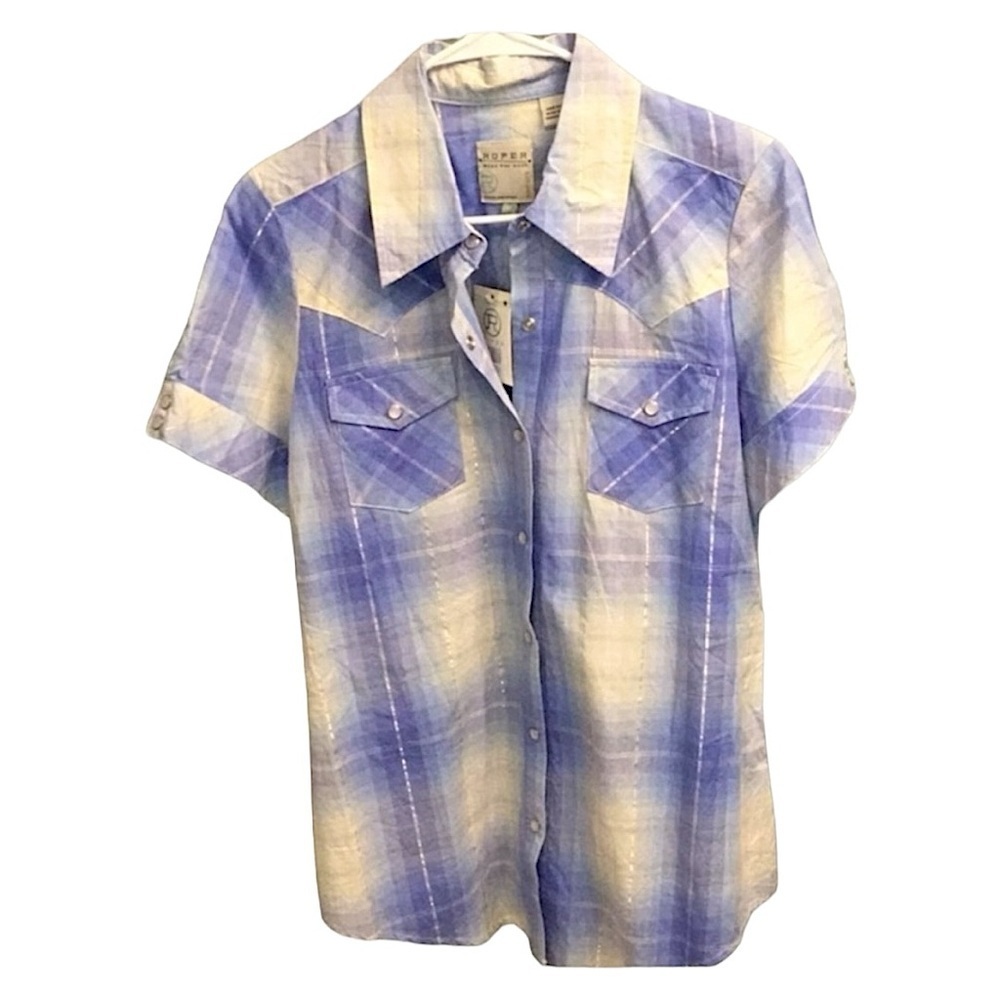 Roper Metallic Plaid Blue Yellow White Shine Button Down Shirt Top Size Medium